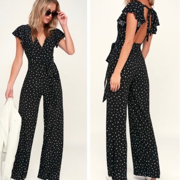 Lulus Fine Print Backless Jumpsuit- Flutter Sleeve - Picture 1 of 6